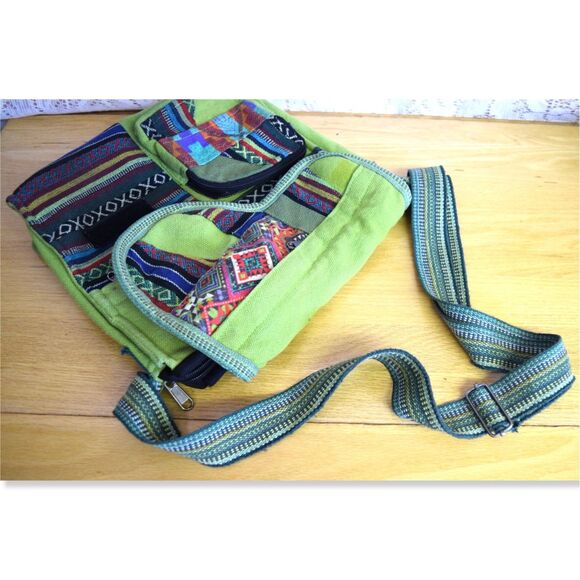 Patchwork Hippie Crossbody Purse Kathmandu Imports Nepal Cotton Green Indie Boho - Picture 11 of 11